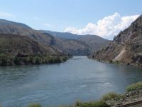 Thompson River with train - Trans-Canada 1 west (British Columbia, Canada)